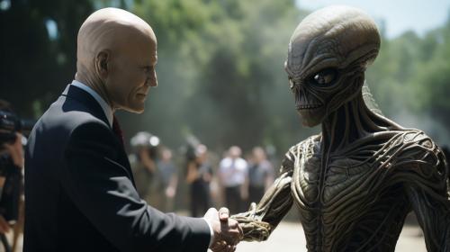 Realistic news broadcast of joe biden and leader alien shaking hands in front of the white house