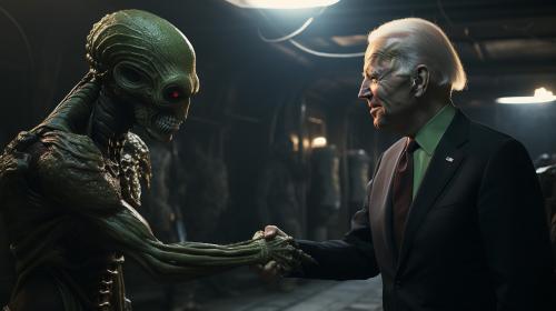 Realistic news broadcast of joe biden and leader alien shaking hands in front of the white house