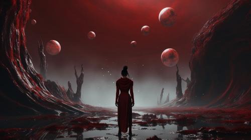 Red nava Avatar standing forward  Planets in the background. On a planet called Pandora.