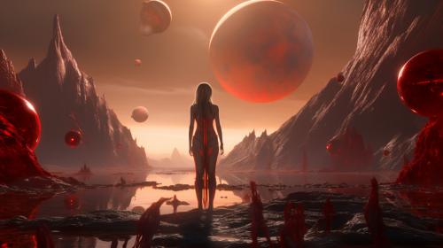 Red nava Avatar standing forward  Planets in the background. On a planet called Pandora.