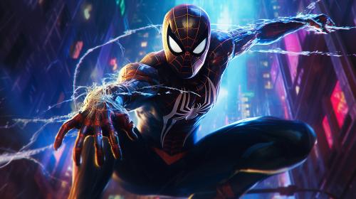 Spider-Man swinging through neon lights at night time