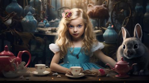 Alice in wonderland surrounded by kittens at a tea party