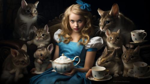 Alice in wonderland surrounded by kittens at a tea party