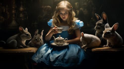 Alice in wonderland surrounded by kittens at a tea party