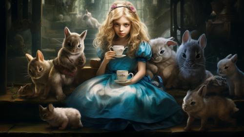 Alice in wonderland surrounded by kittens at a tea party