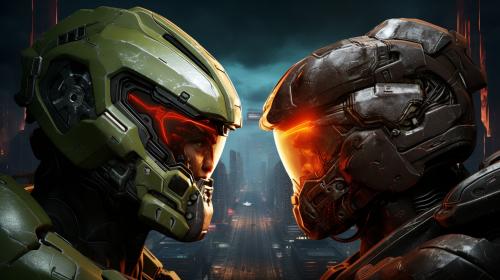 Doom slayer vs master chief in a cyberpunk city