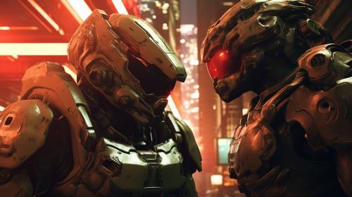 Doom slayer vs master chief in a cyberpunk city