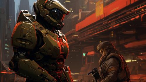 Doom slayer vs master chief in a cyberpunk city