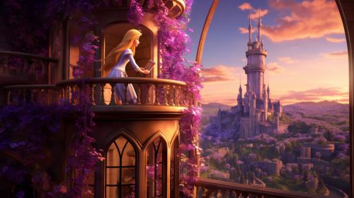 Rapunzel in her tower with stitch saving her