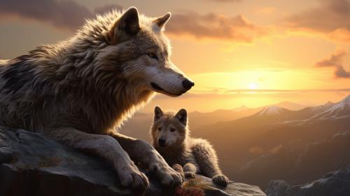 Wolf dad protecting cub at the end of the world