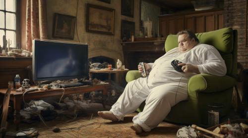 a very fat man that is playing xbox