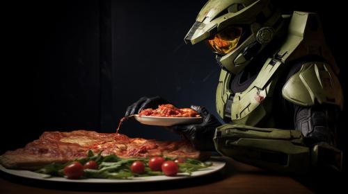 Master chief eating pizza