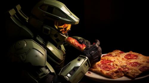 Master chief eating pizza