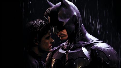 Black and purple background with batman and the joker kissing