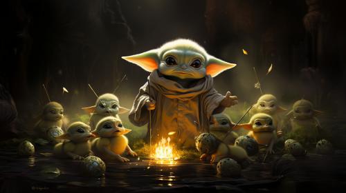 Bab yoda playing with ducklings