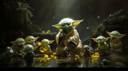 Bab yoda playing with ducklings