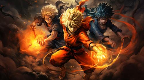 Goku, Ichigo, Luffy, Naruto fighting