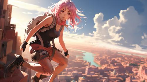 Anime Girl, Pink hair, doing parkour