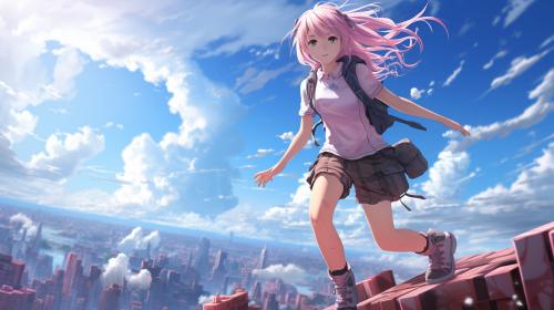 Anime Girl, Pink hair, doing parkour