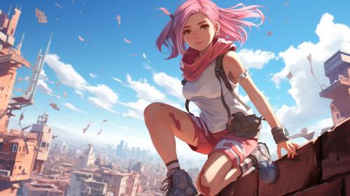 Anime Girl, Pink hair, doing parkour