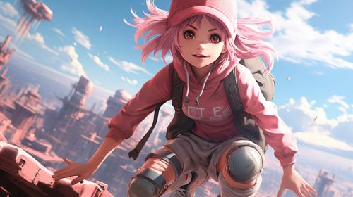 Anime Girl, Pink hair, doing parkour