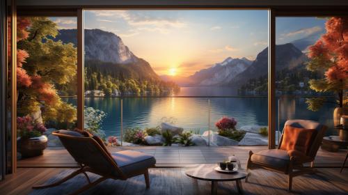 create a framed wall paper that looks like an open window onto a balcony overlooking beautiful lake at sunrise. mountains in the background with waterfall cascading into a clear lake, with eco friendly paddle steamer on clear lake.