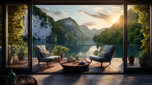 create a framed wall paper that looks like an open window onto a balcony overlooking beautiful lake at sunrise. mountains in the background with waterfall cascading into a clear lake, with eco friendly paddle steamer on clear lake.