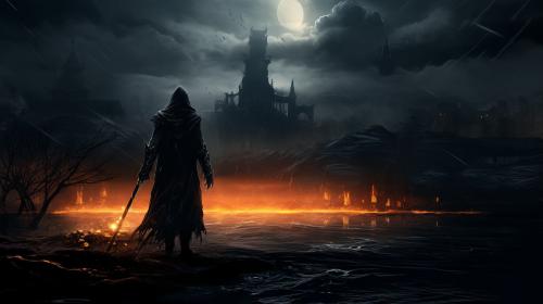 Dark Fantasy setting with a black figure in the middle