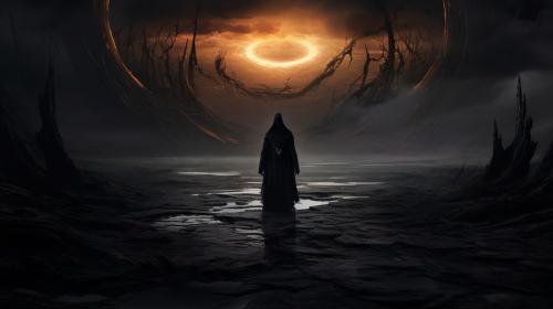 Dark Fantasy setting with a black figure in the middle