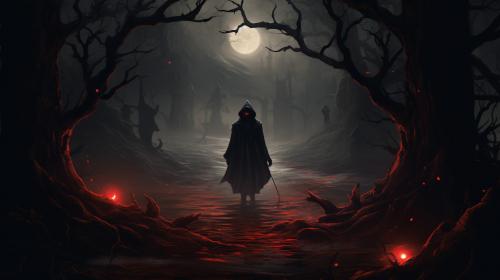 Dark Fantasy setting with a black figure in the middle