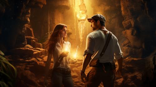 Romantic Couple Like Indiana Jones and female Companion Searching for Diamonds in Mexico Mining Ruins In a huge cave with diamonds gleaming.