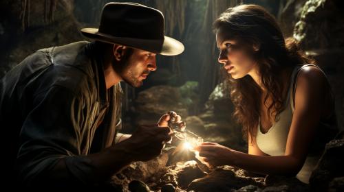 Romantic Couple Like Indiana Jones and female Companion Searching for Diamonds in Mexico Mining Ruins In a huge cave with diamonds gleaming.