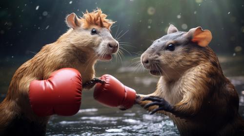 realistic Duck and a capybara having a boxing match