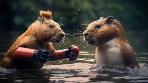 realistic Duck and a capybara having a boxing match