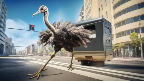 Ostrich running past a futuristic speed camera downtown San Francisco.