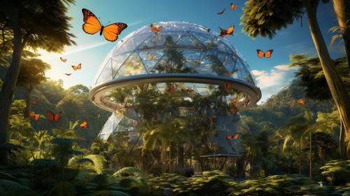 Large octogen shaped glass dome, with large man sized tropical butterflies flying about. their is a futuristic home settled in between 2 large tropical trees.