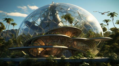 Large octogen shaped glass dome, with large man sized tropical butterflies flying about. their is a futuristic home settled in between 2 large tropical trees.