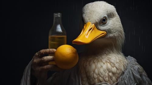 Scary duck holding a little lemon