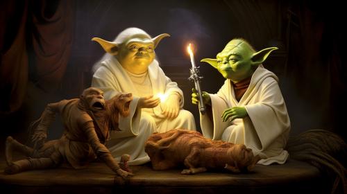 yoda eating hotdog with jesus and shrek