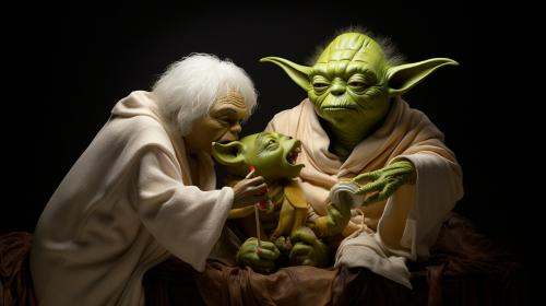 yoda eating hotdog with jesus and shrek