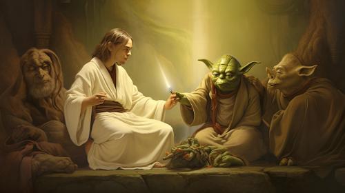 yoda eating hotdog with jesus and shrek