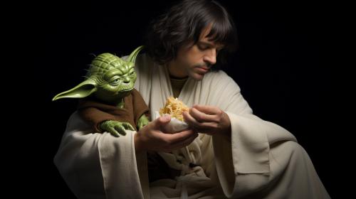 yoda eating hotdog with jesus