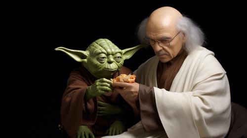 yoda eating hotdog with jesus