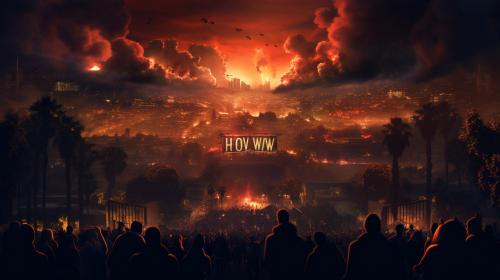 ALL WEST and EAST COAST greatest hip hop artist of all time SMOKING and DRINKING TOGETHER in a ENORMOUS GROUP under a DARK THEME SUNSET showing the HOLLYWWOOD sign LIT UP WITH LIGHTS. Representing BEAUTIFUL Los angeles Culture AND SCENERY