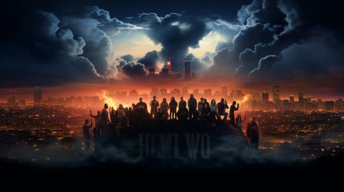 ALL WEST and EAST COAST greatest hip hop artist of all time SMOKING and DRINKING TOGETHER in a ENORMOUS GROUP under a DARK THEME SUNSET showing the HOLLYWWOOD sign LIT UP WITH LIGHTS. Representing BEAUTIFUL Los angeles Culture AND SCENERY