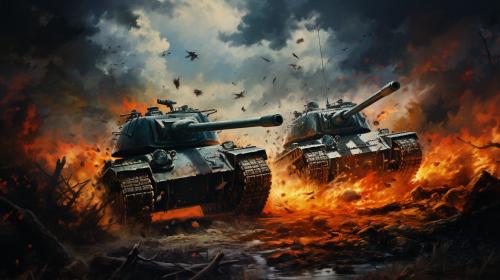 Tiger tank and Sherman Firefly dueling in a field