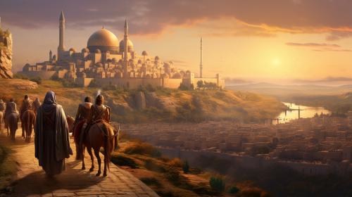 Nation of Israel returning to Jerusalem on  a smooth road. All obstacles removed and Old City of Jerusalem restored gleaming bright in the Background at sunrise.