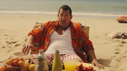 adam sandler en la playa tomando un trago