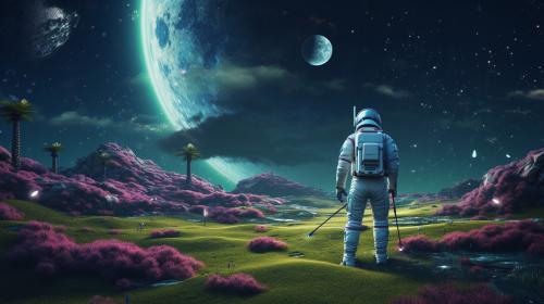 Galaxy golf course with golfers in space suits