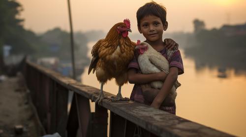 2 childeren hugging a chicken on a bridge up in Bangladesh